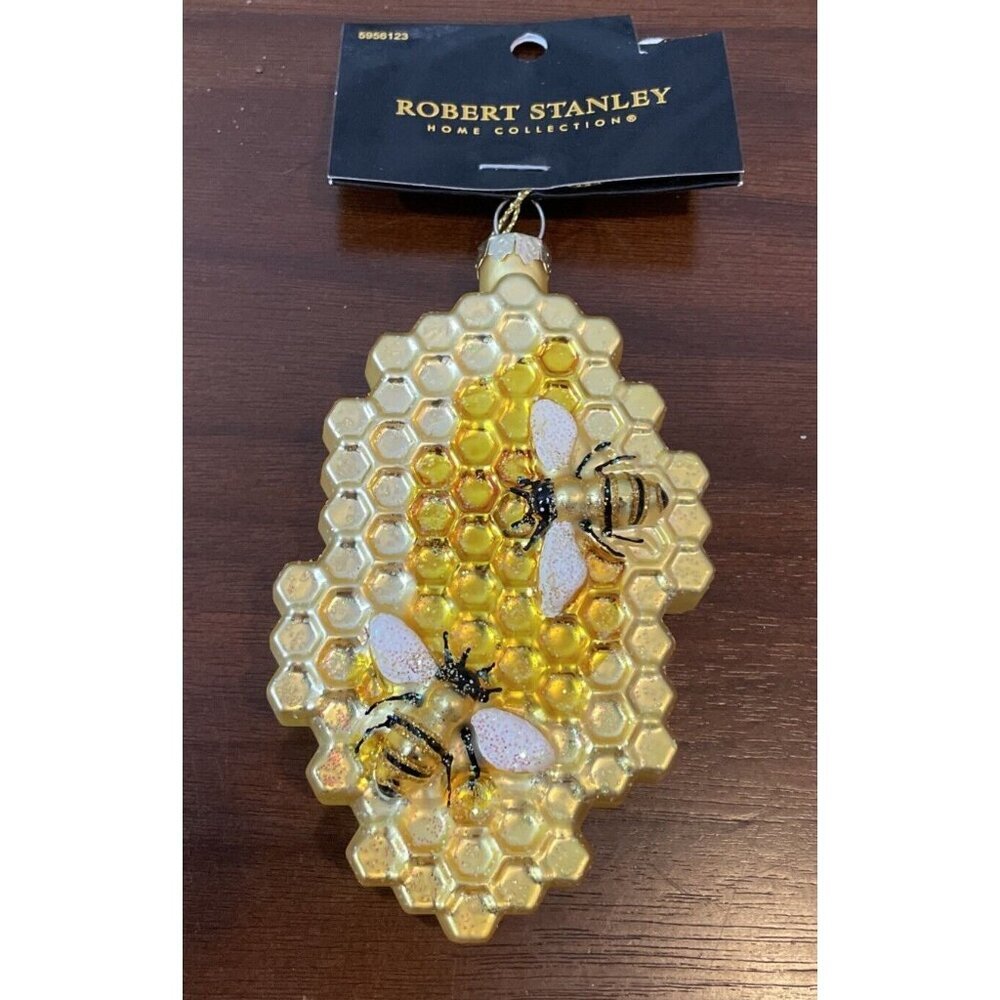 Robert Stanley Honeycomb Bee Glass Christmas Holiday Ornament Gold Yellow NEW‎